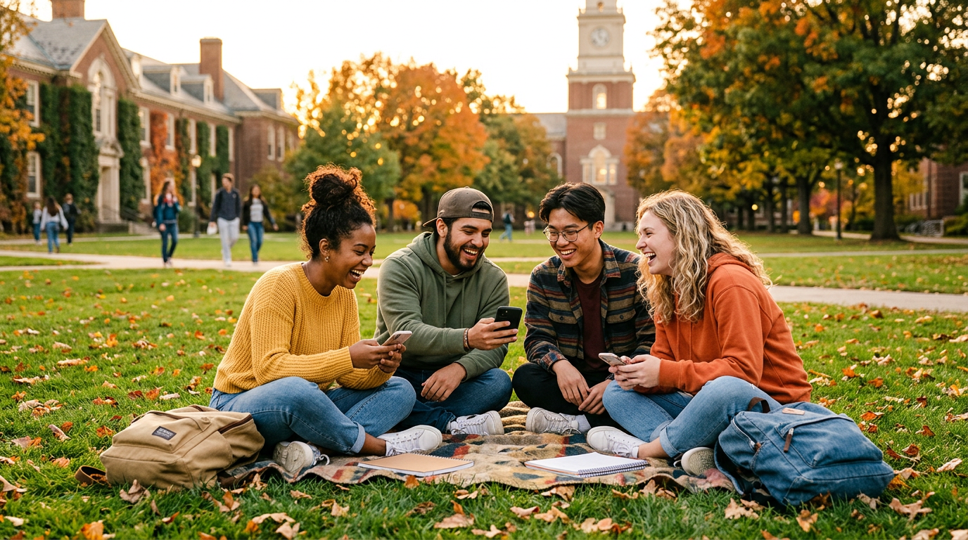College friends on campus laughing with phones